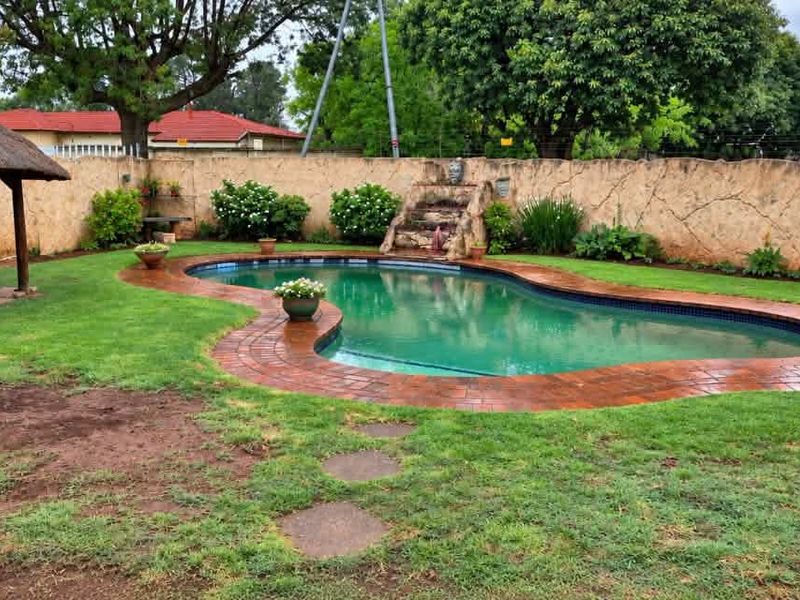 Outdoor pool area featuring a kidney-shaped swimming pool, a thatched lapa, and a decorative stone-effect boundary wall in a landscaped garden setting.