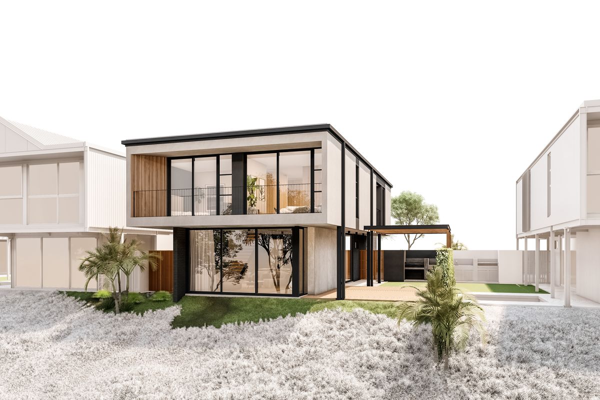 A modern architectural rendering of a two-story home featuring a rear balcony, timber decking, and a built-in outdoor braai area.