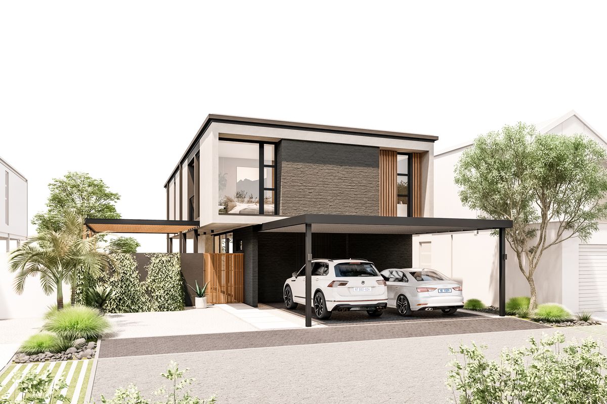 Modern double-story residential facade featuring a sleek carport, contemporary brickwork, and timber accents, presenting a high-end architectural design.