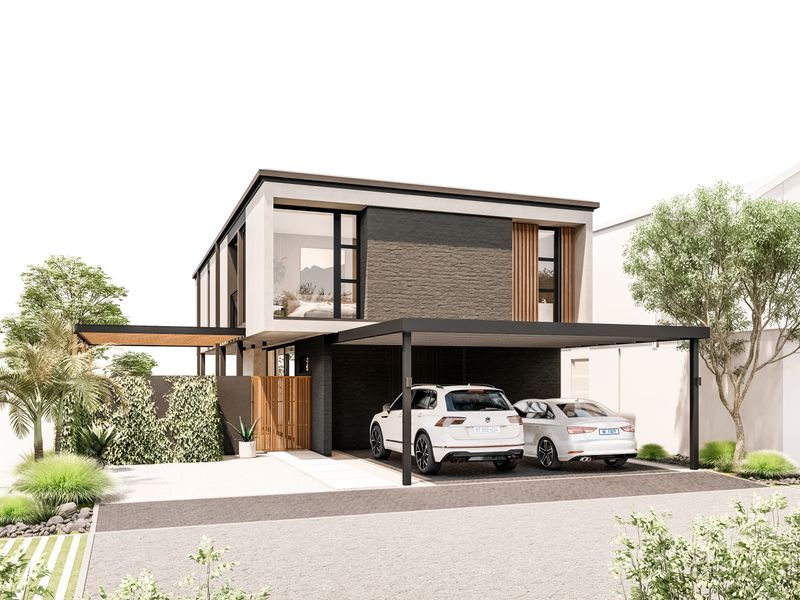 Modern double-story residential facade featuring a sleek carport, contemporary brickwork, and timber accents, presenting a high-end architectural design.