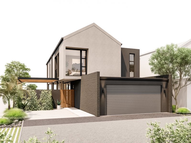 Modern architectural front elevation featuring a sleek garage, timber entrance gate, and contemporary facade design with large windows.