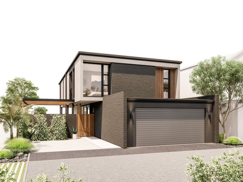 Modern double-storey residential facade featuring a sleek brick finish, automated garage door, and contemporary architectural detailing.