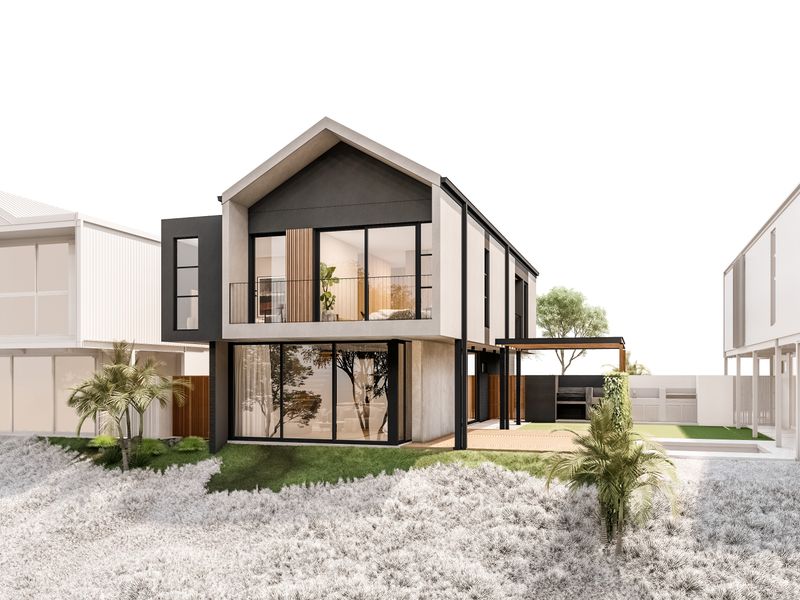 A modern architectural rendering of a two-story house featuring a balcony, timber decking, and a covered outdoor entertainment area with a built-in braai.