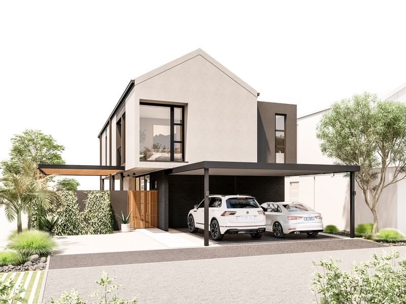 Modern architectural front elevation featuring a sleek carport, clean lines, and contemporary finishes in a well-maintained residential setting.