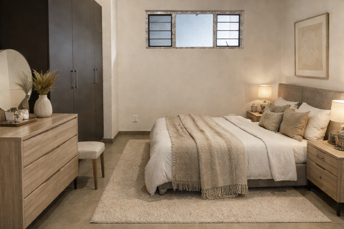 A modern bedroom featuring a raw concrete ceiling, large format floor tiles, and built-in dark cabinetry.