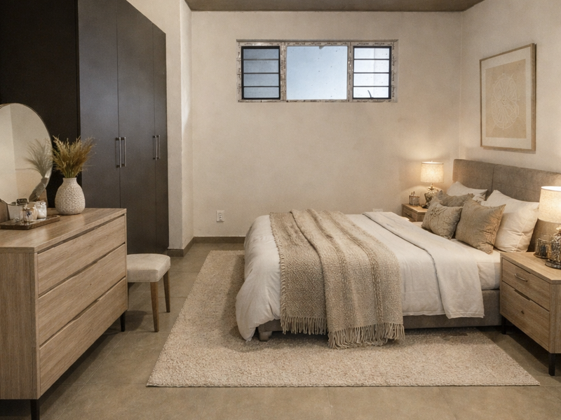 A modern bedroom featuring a raw concrete ceiling, large format floor tiles, and built-in dark cabinetry.