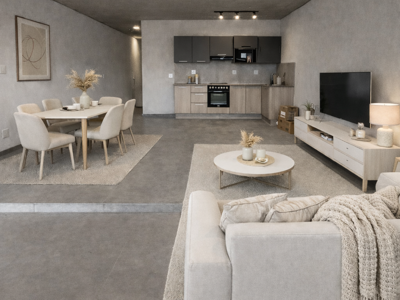 Modern open-plan living area featuring a sleek kitchen with integrated appliances, concrete ceilings, and spacious dining and lounge zones with contemporary finishes.