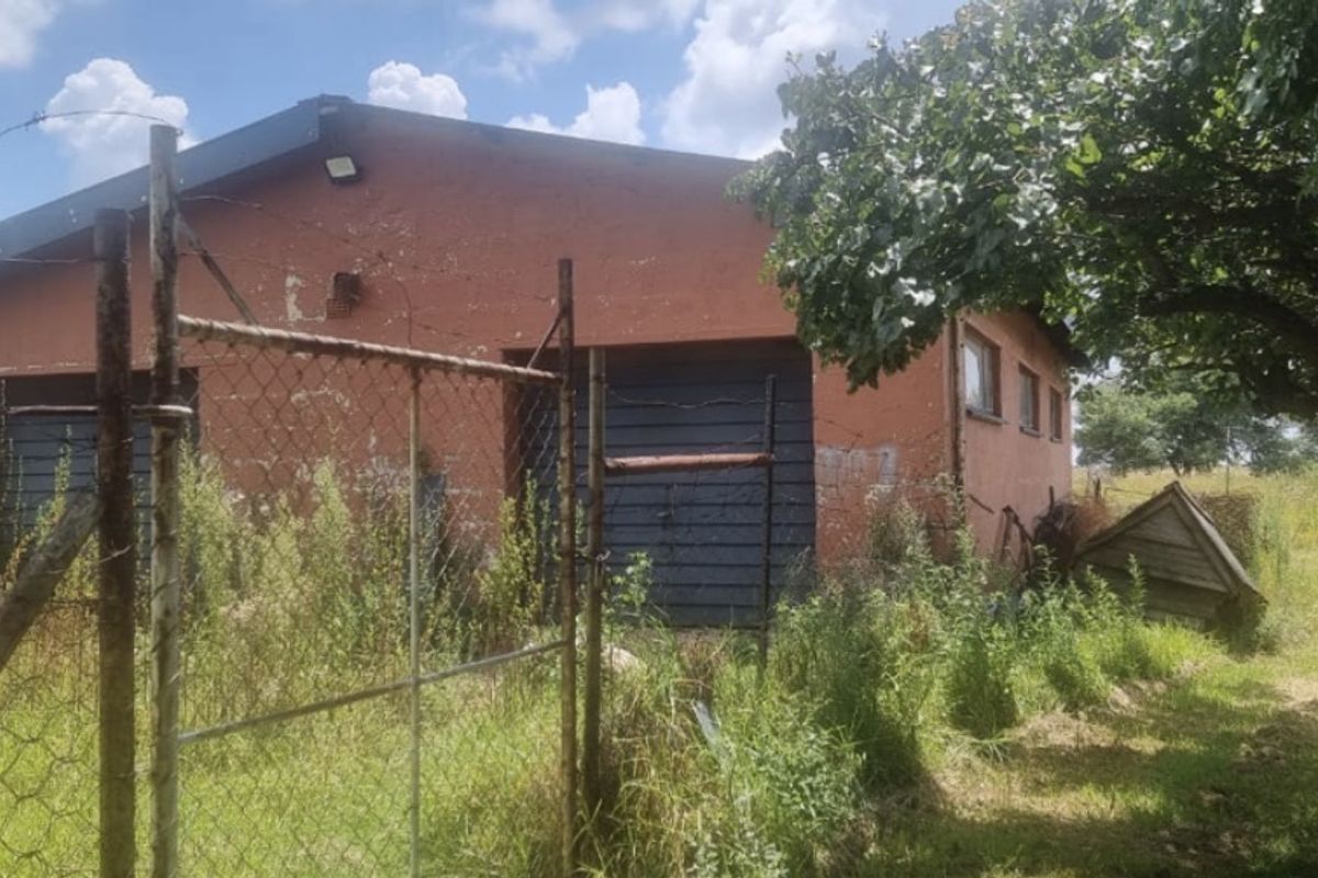 A view of a weathered farm outbuilding featuring metal garage doors, surrounded by overgrown vegetation and enclosed by a chain-link fence.