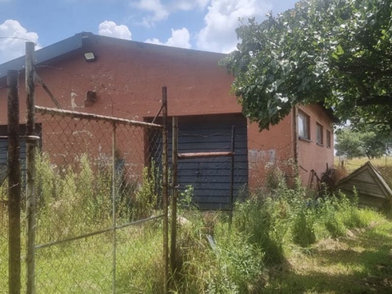 A view of a weathered farm outbuilding featuring metal garage doors, surrounded by overgrown vegetation and enclosed by a chain-link fence.