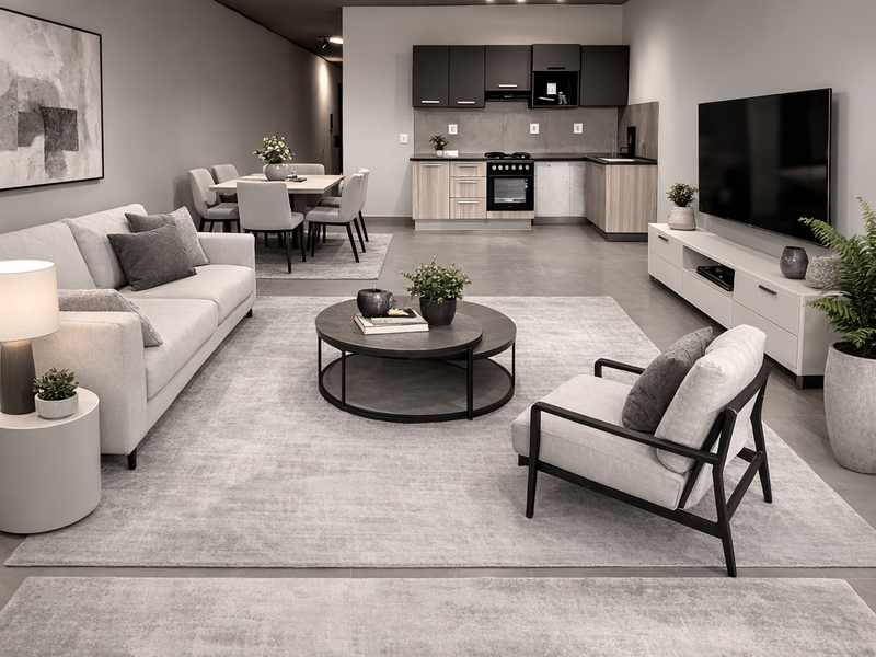 Modern open-plan living area featuring a sleek kitchen with built-in cabinetry, integrated oven, and hob, flowing seamlessly into a spacious lounge and dining zone.