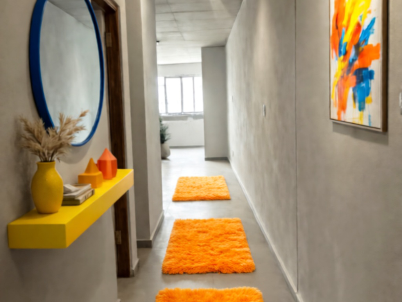 A modern hallway featuring smooth concrete-style walls and a raw concrete ceiling, creating a contemporary industrial aesthetic.
