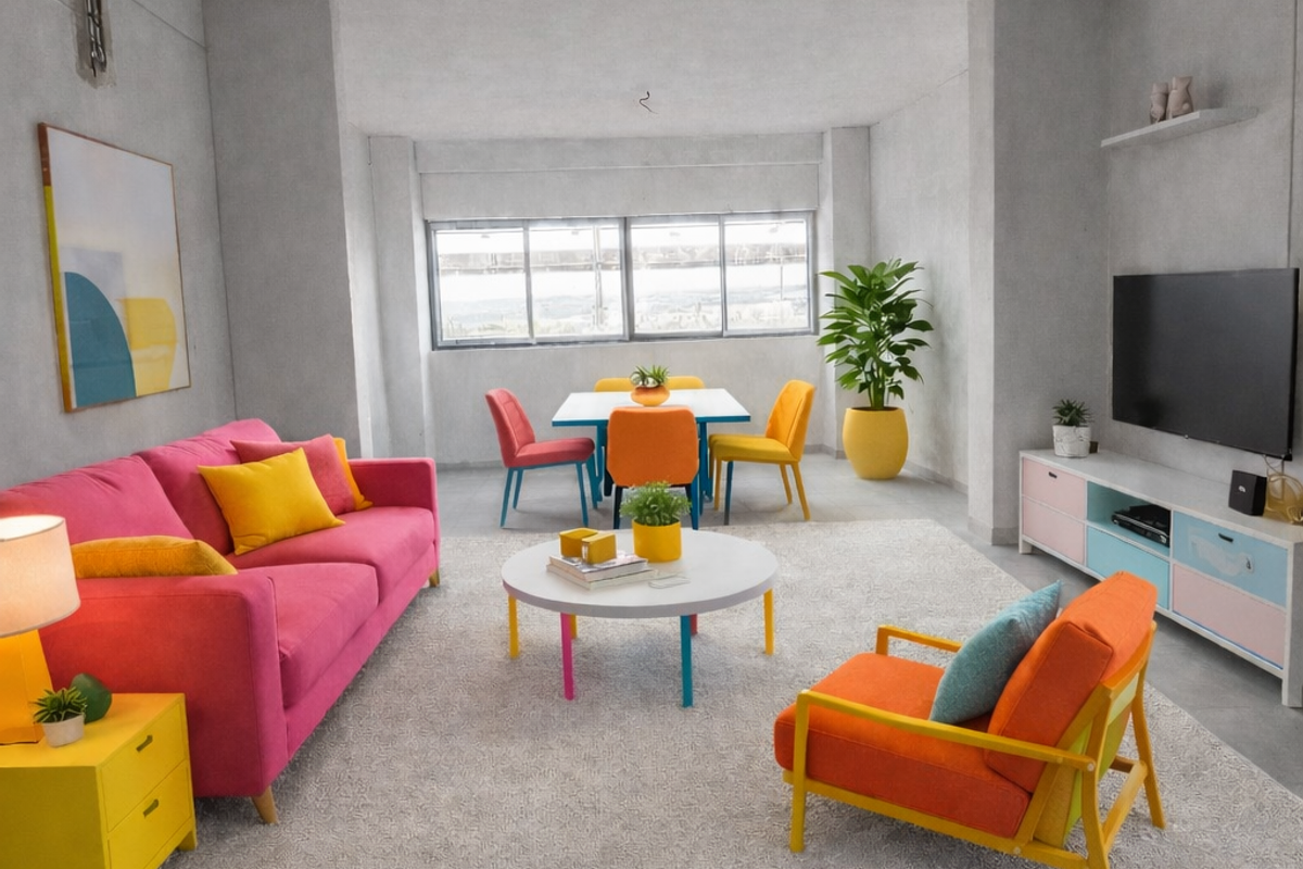 An open-plan living and dining area featuring neutral tiled flooring, large windows, and exposed structural elements, offering a versatile space for modern living.