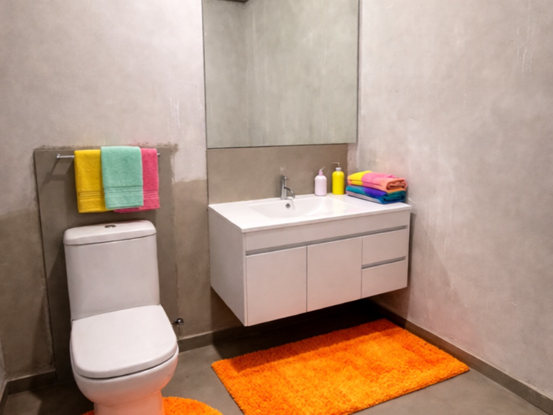 A modern bathroom featuring a wall-mounted vanity with integrated basin, large mirror, and a standard toilet, set against raw concrete-style walls.