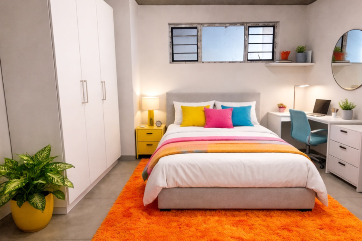 Modern bedroom featuring a raw concrete ceiling, large built-in wardrobe, tiled flooring, and a functional window for natural light.
