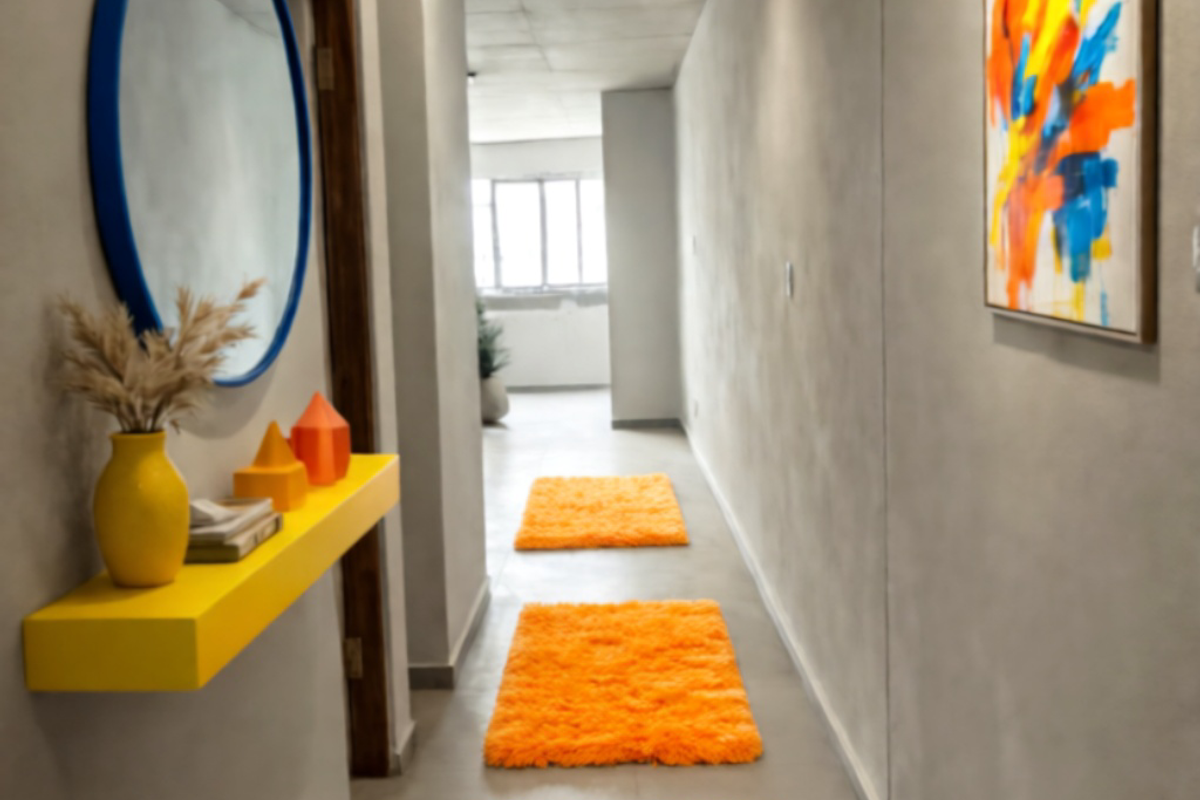 A modern hallway featuring smooth concrete-style walls and a raw concrete ceiling, creating a contemporary industrial aesthetic.