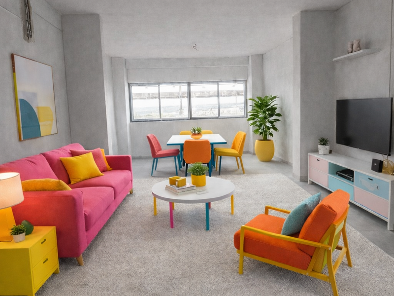 An open-plan living and dining area featuring neutral tiled flooring, large windows, and exposed structural elements, offering a versatile space for modern living.