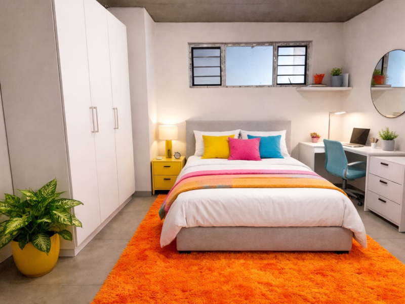 Modern bedroom featuring a raw concrete ceiling, large built-in wardrobe, tiled flooring, and a functional window for natural light.