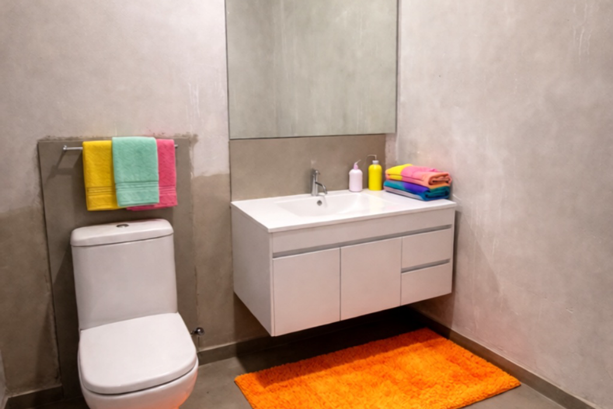 A modern bathroom featuring a wall-mounted vanity with integrated basin, large mirror, and a standard toilet, set against raw concrete-style walls.