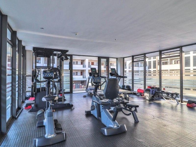 A well-lit communal gym facility featuring floor-to-ceiling glass windows, rubberized flooring, and a variety of exercise equipment.