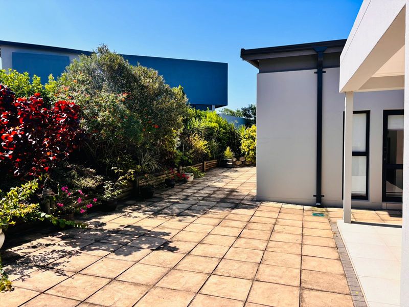 A well-maintained rear paved patio area featuring established garden beds and modern exterior building finishes.