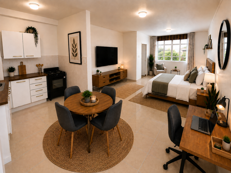 A well-lit open-plan studio apartment featuring a compact kitchen, dining area, and bedroom space with neutral finishes and large windows.
