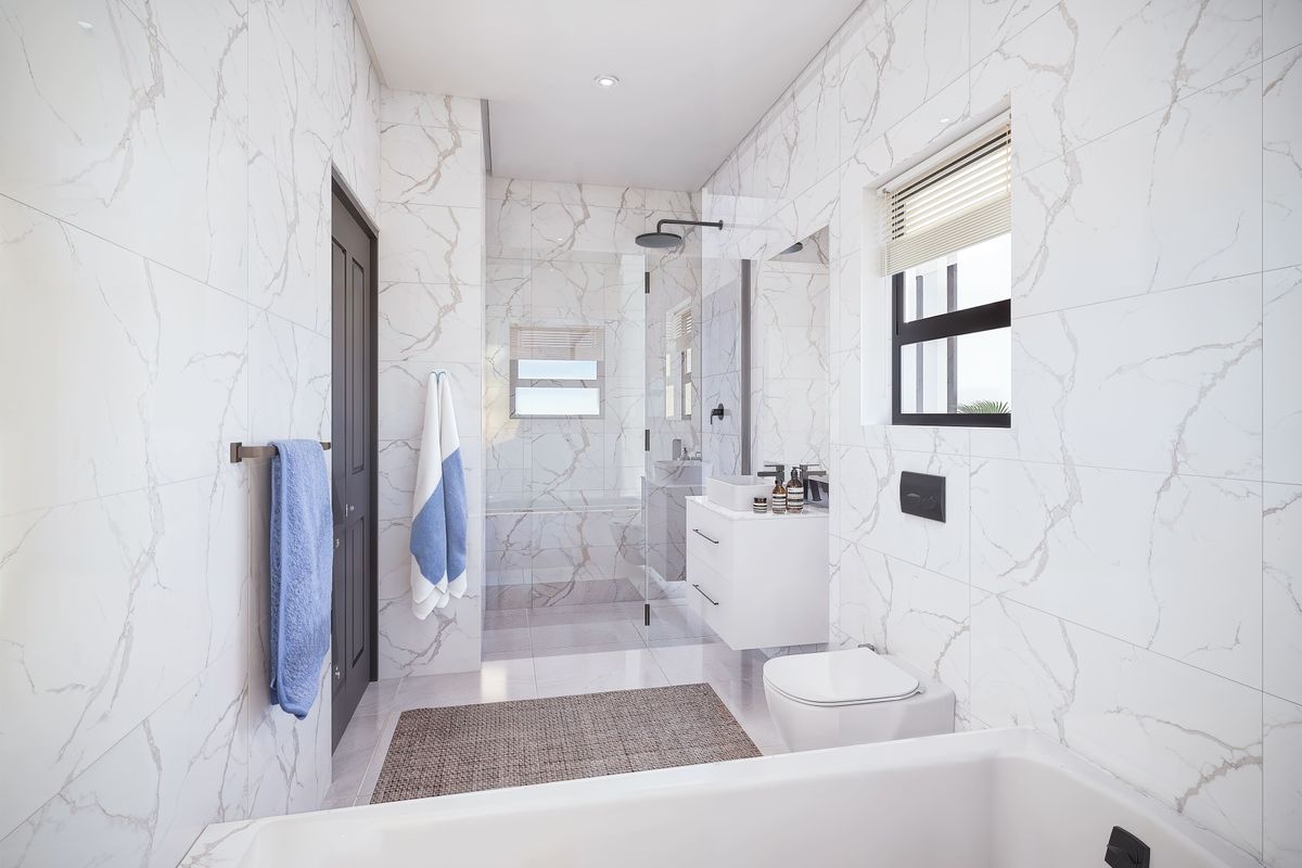 Modern bathroom featuring floor-to-ceiling marble-look tiling, a wall-mounted vanity, a glass-enclosed walk-in shower, and a sleek wall-hung toilet.