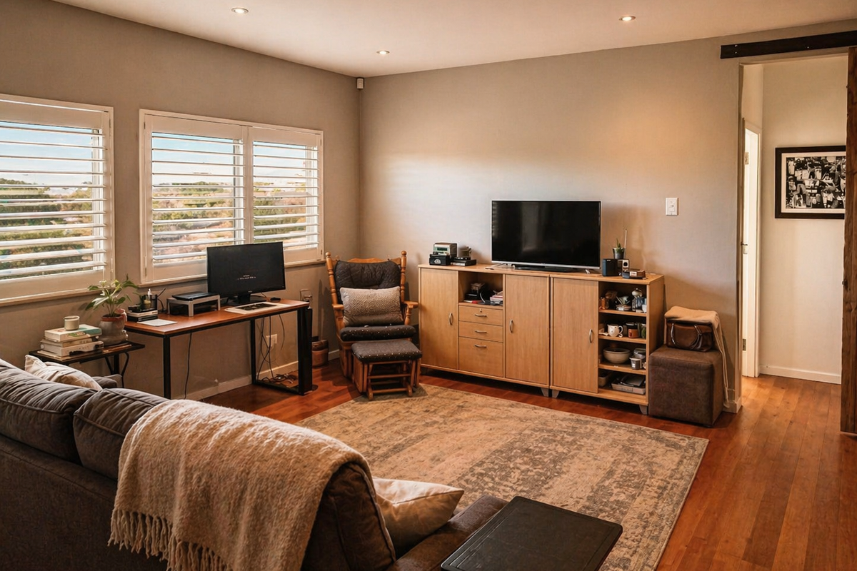 A comfortable living room featuring warm timber flooring, recessed downlighting, and plantation shutters, providing a functional and inviting space.