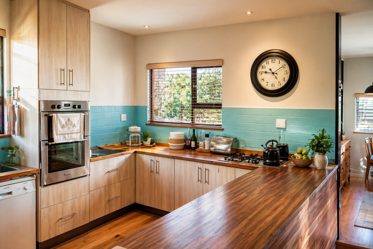 A well-maintained kitchen featuring light wood cabinetry, a dark wood breakfast bar, integrated oven, gas cooktop, and a distinctive teal tiled backsplash.