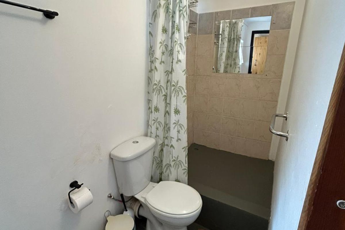 A compact bathroom featuring a toilet, a raised shower base with a curtain, and tiled splashback areas.
