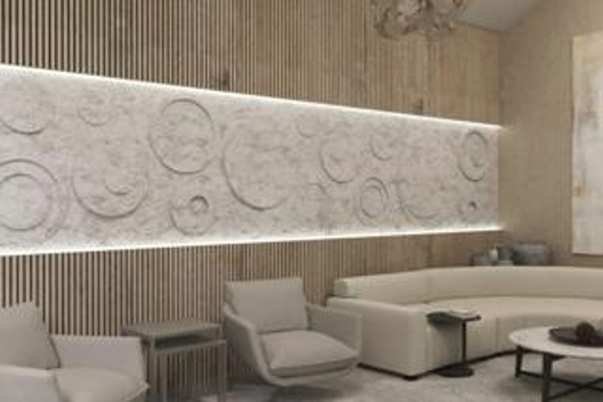 Modern living room featuring a textured feature wall with integrated LED strip lighting and vertical timber slat paneling.