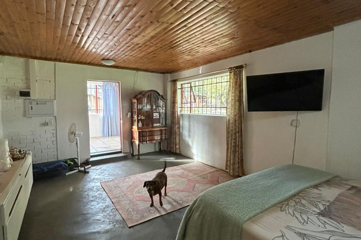 Spacious bedroom featuring a timber-clad ceiling, concrete flooring, and direct access to an outdoor patio area.