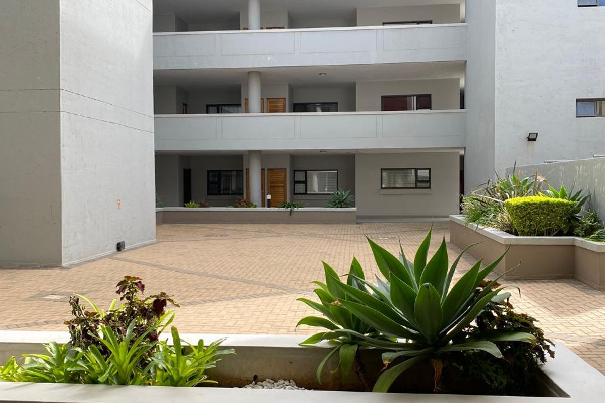 A view of the apartment complex courtyard featuring paved ground, multi-level balconies, and built-in concrete planters with established greenery.