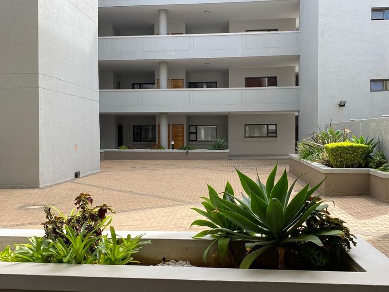 A view of the apartment complex courtyard featuring paved ground, multi-level balconies, and built-in concrete planters with established greenery.