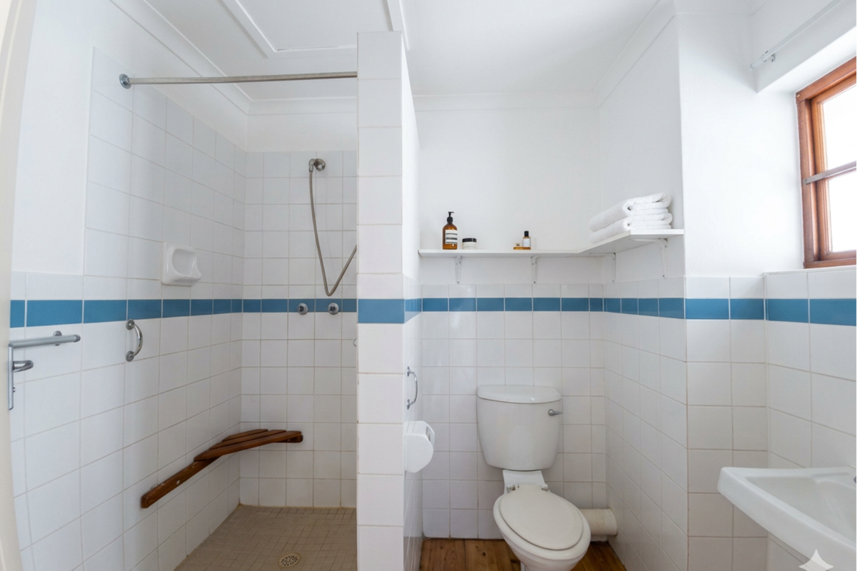 A functional bathroom featuring a walk-in shower with a built-in wooden bench, a standard toilet, and a wall-mounted basin with white and blue tiled walls.