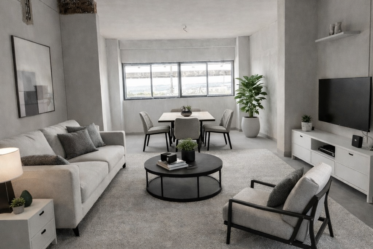 Spacious open-plan living and dining area featuring large windows, neutral tiled flooring, and a contemporary layout ready for final finishing touches.