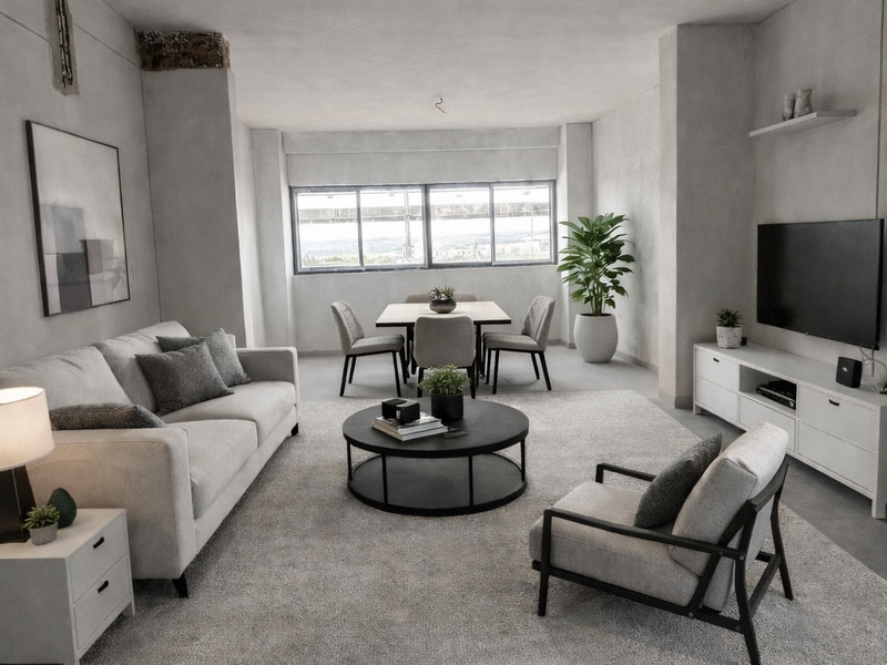 Spacious open-plan living and dining area featuring large windows, neutral tiled flooring, and a contemporary layout ready for final finishing touches.