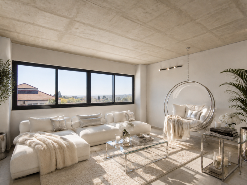 A bright and modern living room featuring an exposed concrete ceiling, large windows with scenic views, and sleek tiled flooring.