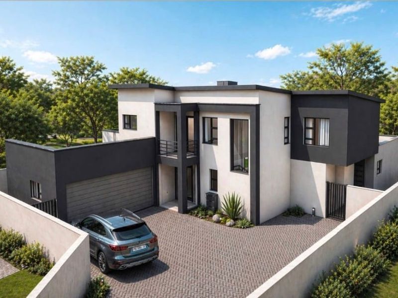 Modern two-story residential home featuring a contemporary facade, paved driveway, integrated garage, and balcony, showcasing clean architectural lines and a neutral color palette.