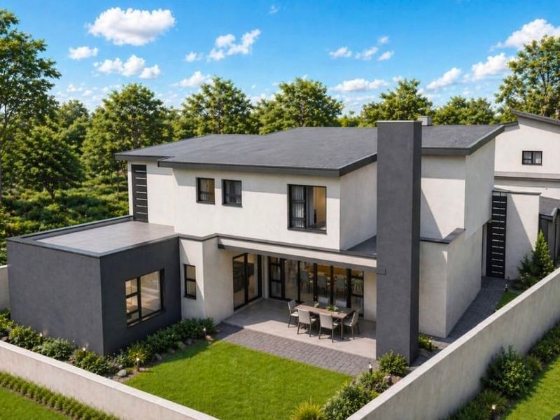 Aerial view of a modern two-story house featuring a rear patio, landscaped garden, and a prominent chimney stack.