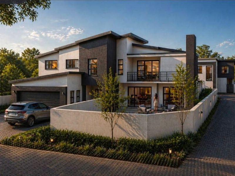 Modern double-story residential home featuring a contemporary facade, paved driveway, integrated garage, and a private enclosed courtyard area.