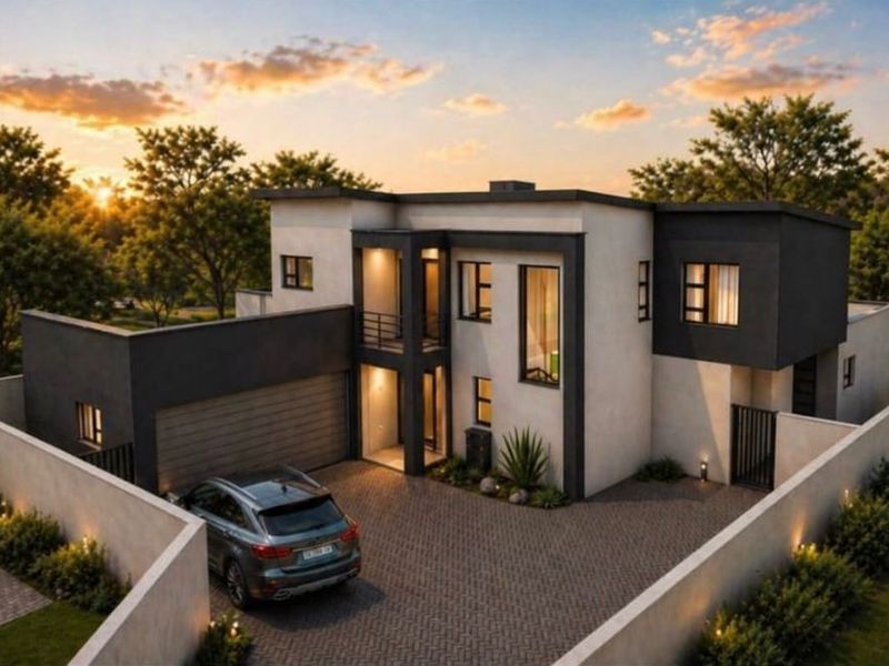 Modern double-story residential home featuring a paved driveway, integrated garage, and contemporary architectural facade with clean lines and exterior lighting.