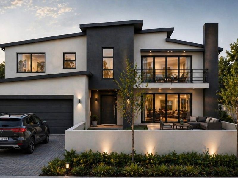 Modern two-story residence featuring a contemporary facade, integrated double garage, balcony, and landscaped front garden with exterior lighting.