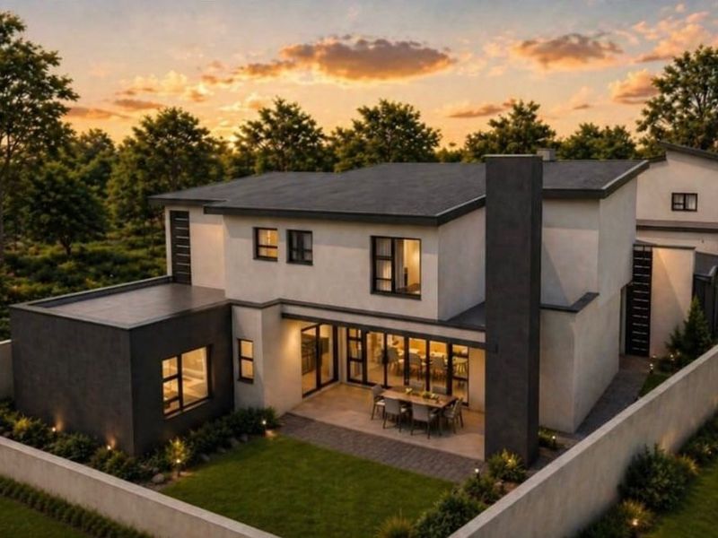 A modern two-story residential home featuring a contemporary facade, flat roof design, large glass sliding doors, and a private rear patio and garden area.