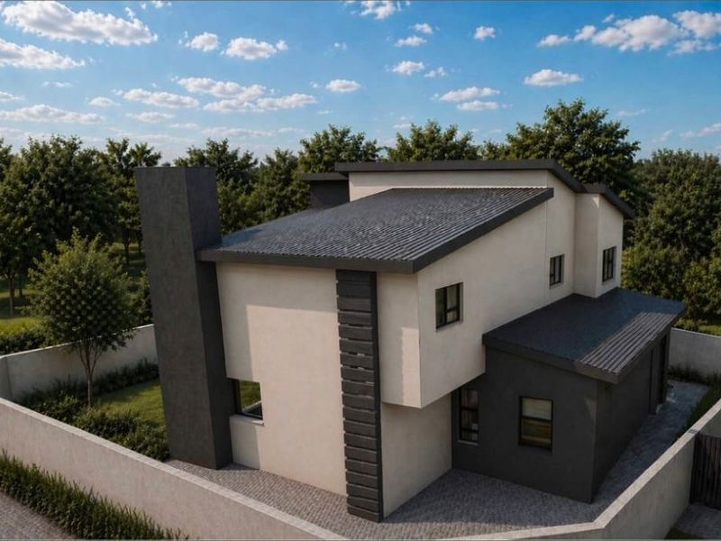 A modern two-story residential home featuring a contemporary architectural design with a pitched roof, clean lines, and a secure perimeter wall.