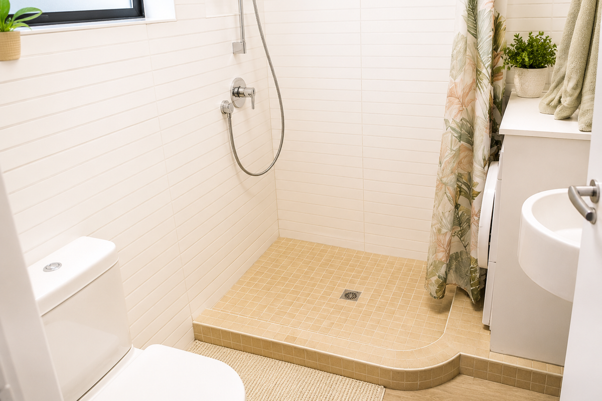 A compact bathroom featuring a walk-in shower with tiled base, wall-mounted shower mixer, toilet, and a small vanity basin.