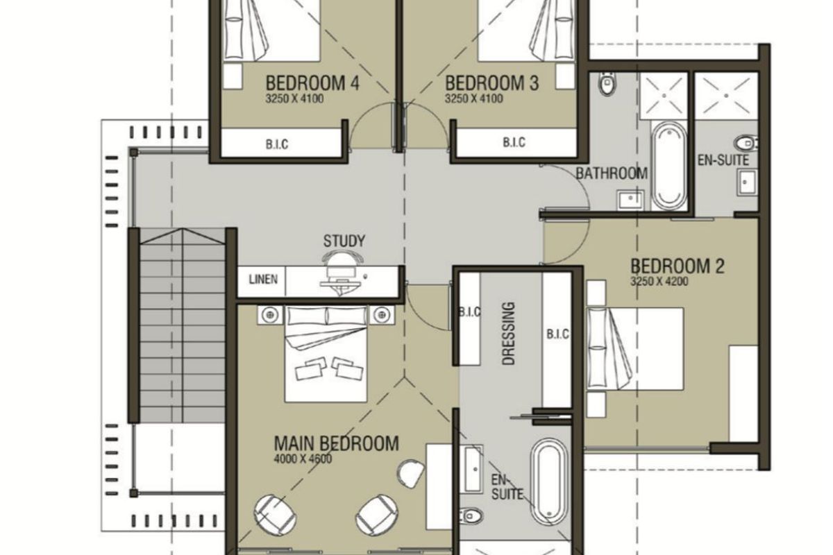 Architectural floor plan of the first floor, featuring four bedrooms, three bathrooms, a study area, and two covered patios.