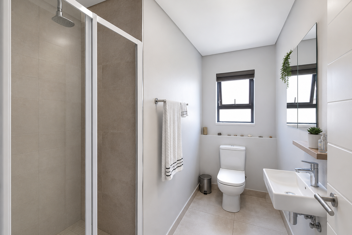 A modern, well-maintained bathroom featuring a glass-enclosed shower, wall-mounted basin, and a sleek toilet, finished with neutral floor and wall tiling.