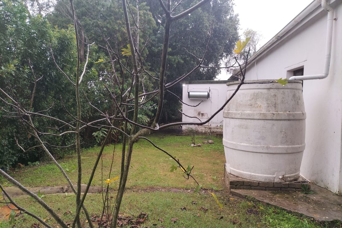 Rear garden area featuring a large water storage tank connected to the building's gutter system and surrounding lawn space.