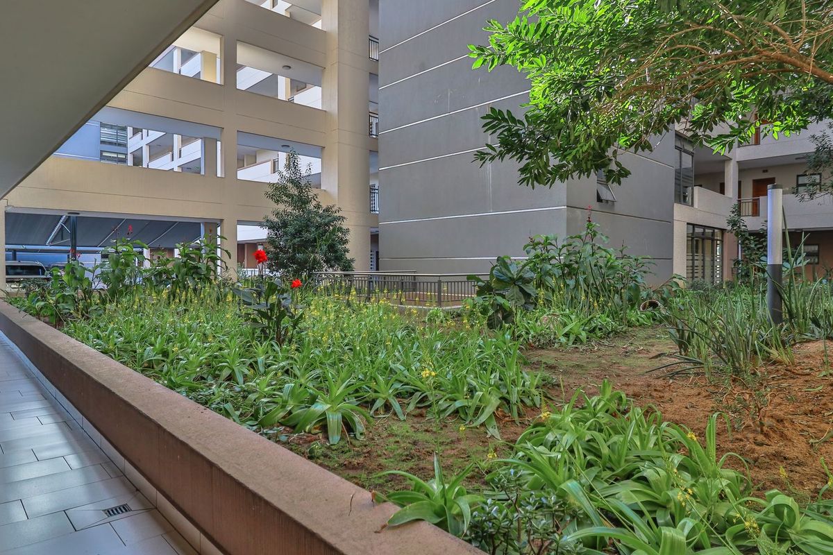 A view of the apartment complex courtyard featuring a landscaped garden bed, paved walkway, and multi-level building architecture.