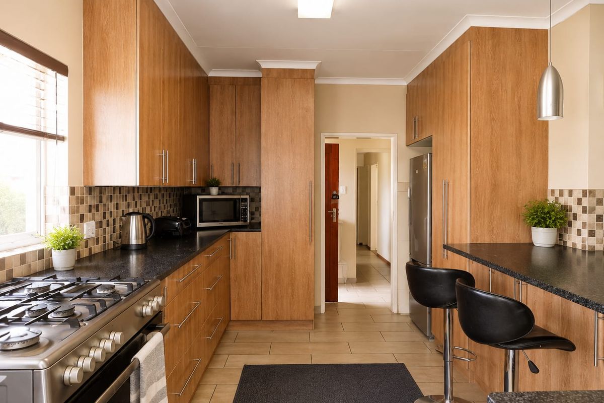 Modern kitchen featuring wood-finish cabinetry, granite countertops, a gas stove, and a mosaic tile backsplash with a breakfast bar area.
